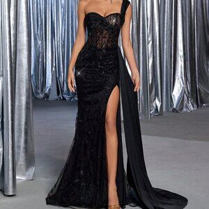 Black Party Women's Elegant Luxurious Embroidered Sequin Lace formal dress